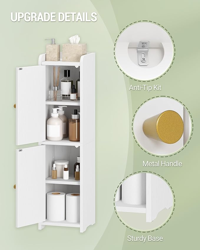 Bathroom Storage Cabinet, Corner Floor Cabinet with 2 Doors and Adjustable Shelf, Narrow Toilet Paper Cabinets, Bathroom Organizer for Small Spaces, 7.9" D x 7.9" W x 29.5" H White