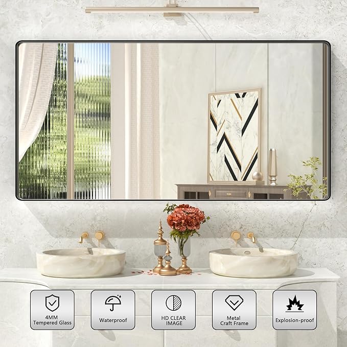 Rectangle Black Bathroom Mirror 60x28 Inch, Large Matte Black Bathroom Vanity Mirror,Round Corner Black Metal Framed Mirror for Wall,Anti-Rust,Tempered Glass (Horizontal/Vertical)