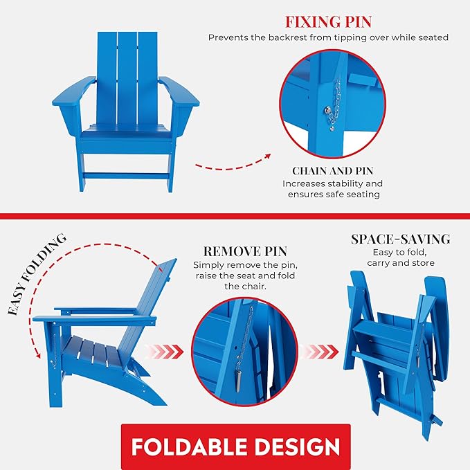 Costaelm Folding Adirondack Chairs, Outdoor Patio Adjustable Lawn Chairs, Weather Resistant Outside Firepit Chairs for Porch, Poolside, Garden, Backyard Deck, Pacific Blue