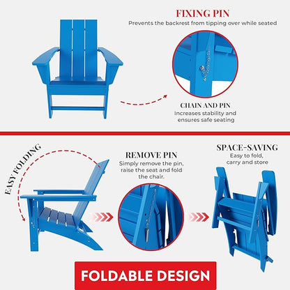 Costaelm Folding Adirondack Chairs, Outdoor Patio Adjustable Lawn Chairs, Weather Resistant Outside Firepit Chairs for Porch, Poolside, Garden, Backyard Deck, Pacific Blue