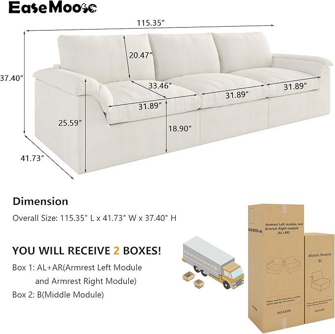 EASE MOOSE Oversized Boneless Couch for Living Room, Sectional Cloud Sofa, Modular Cloud Couch, 3-Seater Deep Seat Sofas with Pillow for Bedroom, Apartment, No Assembly Required, Chenille (White)