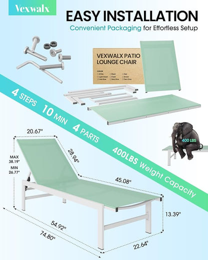 Outdoor Lounge Chairs Set of 2 for Pool, Aluminum Chaise Lounge Chairs with 5-Position Recliner, Patio Lounge Chair for Backyard, Poolside, Deck, Lawn, Light Green