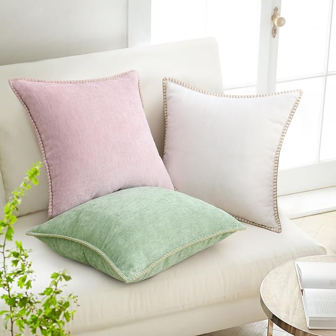 decorUhome Chenille Soft Throw Pillow Covers 24x24 Set of 2, Farmhouse Velvet Neutral Decorative Euro Pillow Covers with Stitched Edge for Couch Sofa Bed Home Decor, Cream White