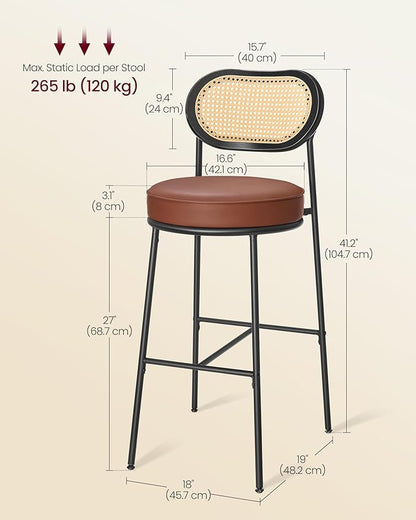 VASAGLE Bar Stools Set of 2, Bar Height Stools with Rattan Back and Metal Legs, 30.1-Inch Tall Counter Chairs, Modern Leather Upholstered Barstools for Kitchen Island Dining Room, Caramel Brown
