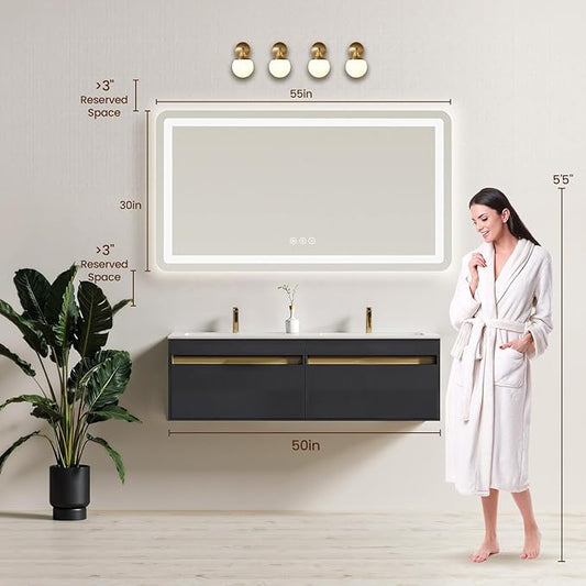 55" x 30" Led Bathroom Mirror with Lights, Anti-Fog & Tri-Color Lighting - Wall Mounted Shaving Mirror with Touch Sensor, Waterproof & Smart LED Vanity Mirror,Tempered Glass, Dimmable Smart Mirror