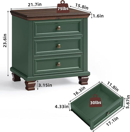 Farmhouse Nightstand Set of 2, Rustic Accent End Table with 3 Drawers & 4 Square Solid Wood Legs, Vintage Bed Side Table with Storage, Small Dresser for Bedroom, Living Room, Green
