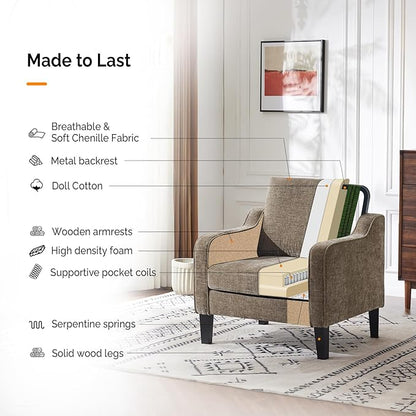 VINGLI Accent Chairs Set of 2 Living Room Chairs Light Brown Reading Chair for Bedroom Scooped Arm Chair Mid Century Modern Accent Chairs Upholstered Comfy Chair for Apartment, Waiting Room