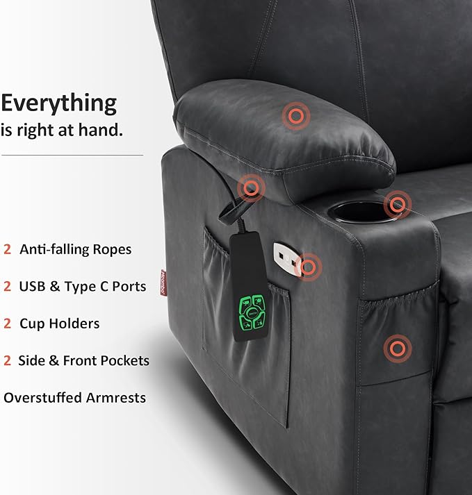 MCombo Dual Motor Large Power Lift Recliner Chair for Elderly, Lay Flat Lift Chair with Heat and Massage, Big Lift Recliner for Tall People, Faux Leather 7815 (Grey, Large)