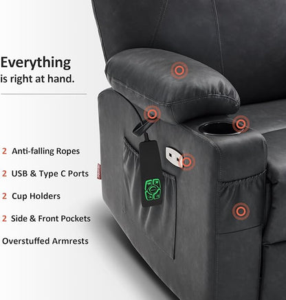 MCombo Dual Motor Large Power Lift Recliner Chair for Elderly, Lay Flat Lift Chair with Heat and Massage, Big Lift Recliner for Tall People, Faux Leather 7815 (Grey, Large)