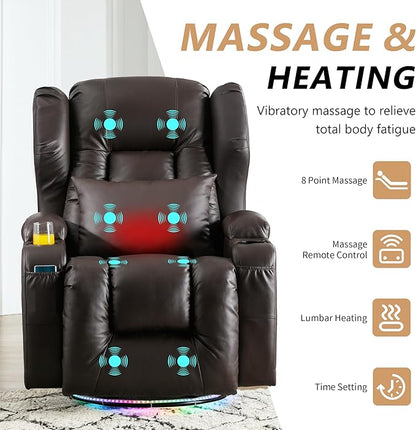 Power Swivel Rocker Recliner Chairs, Electric Wall Hugger Reclining Sofa with Massage & Heat, Comfy Theater Seating Single Chair with LED Light/USB/Type-C Ports (Leather Brown, Set of 2)