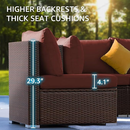 NICESOUL 7 Piece Modular Outdoor Furniture Set with Firepit Natural Gas&Propane, 29.3'' High Back L-Shaped 6-Seater Patio Wicker Sectional Sofa Couch Sets for Tall People, Brown Rattan and Red Cushion