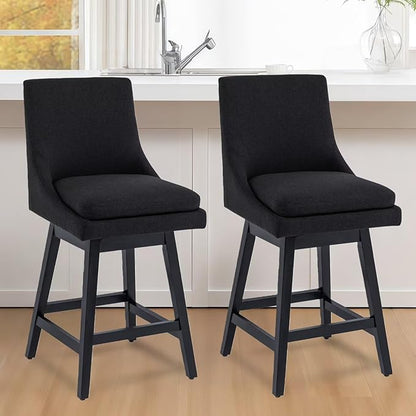 Bar Stools Set of 2, 26 Inch Upholstered Barstools with 14.2" High Back and Footrest, Swivel Counter Height Barstools for Kitchen Island Home Bar Performance Fabric Black
