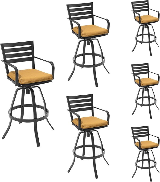 Pellebant Outdoor Swivel Barstools Set of 6, Aluminum 29.5" Bar Height Stool Chairs with Back & Footrest,Rust-Proof Tall Patio Bar Stools for Deck Lawn Garden, for Deck Lawn Garden,Teak