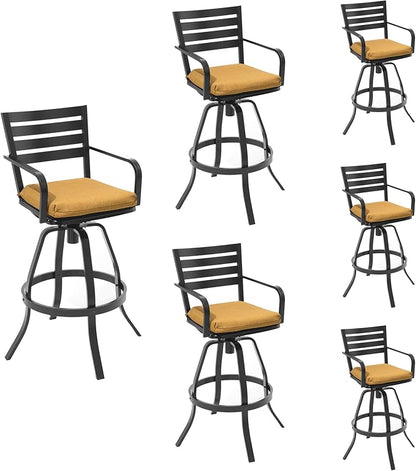 Pellebant Outdoor Swivel Barstools Set of 6, Aluminum 29.5" Bar Height Stool Chairs with Back & Footrest,Rust-Proof Tall Patio Bar Stools for Deck Lawn Garden, for Deck Lawn Garden,Teak