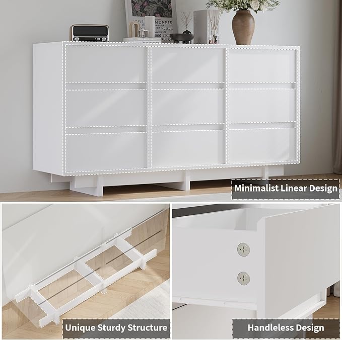 White Dresser for Bedroom, 59" Wide 9 Drawer Dresser, Mid Century Modern Dressers Chest of Drawers, Wooden Large Dressers for Bedroom, Closet