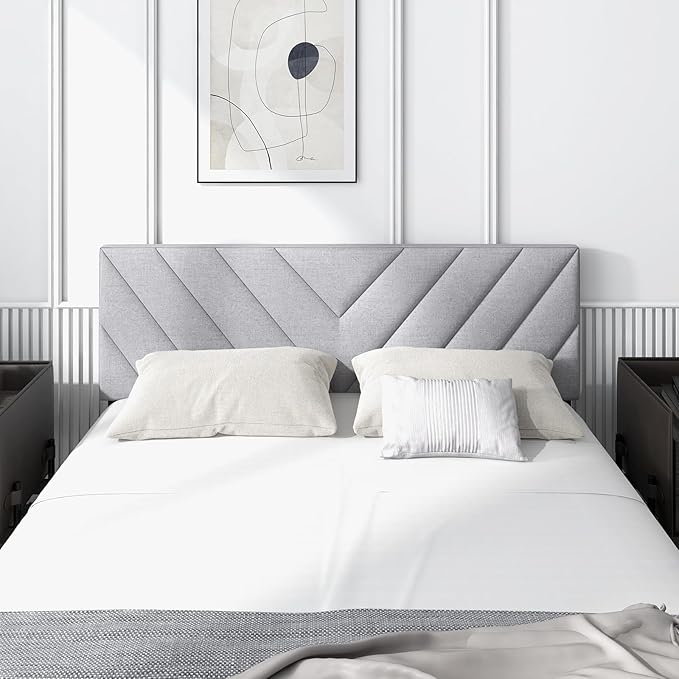 KOMFOTT Linen Fabric Upholstered Headboard for Full/Queen Size Bed, Rectangular Headboard with Solid Wood Legs & Adjustable Width, Padded Full/Queen Bed Headboard, Easy Assembly, Gray