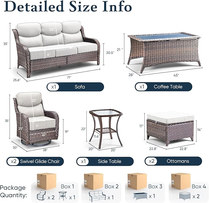 Belord Luxury 6" Thick Cushioned 7 Pieces Patio Furniture Set with Outdoor Couch, Wicker Outdoor Conversation Set with High Back Swivel Rocker Chairs for Deck Porch Yard and Poolside - Brown+Beige