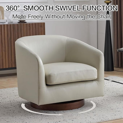 AEDI Genuine Leather Swivel Accent Chair with Solid Wood Base, Upholstered Barrel Armchair for Living Room, Modern Small Club Chair,Light Gray