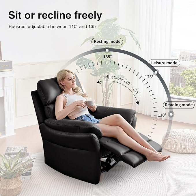 AIRSKY Genuine Leather Recliner Chair, Top Grain Leather, Italian Water-Washing Process, Recliner Chairs for Adults, Single Sofas for Living Room, Theater Seating, Bedroom. R1, Black