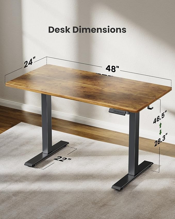 Marsail Electric Standing Desk – 48×24 Inch Adjustable Height Desk for Home & Office, Equipped with 4 Memory Presets, Headphone Hook & Cable Organizer, Rustic Brown Finish