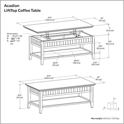 SIMPLIHOME Acadian Lift Top Coffee Table - 48 inch Wide Solid Wood Transitional Pop-up Cocktail Table in Brunette Brown, Classic Living Room Table with Lift-up Storage Compartment and Open Shelf