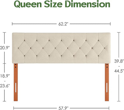 Upholstered Queen Headboard Only for Bed Frame from 49”-62”, Adjustable Height Queen Head Board with Durable Wood Legs, Bed Headboard in Modern Button Design, Beige