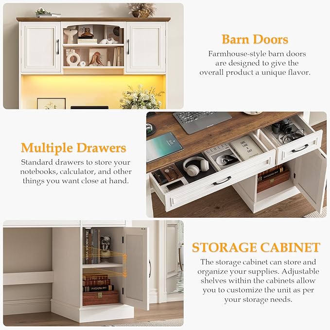 Farmhouse 47" Executive Desk with Hutch, 2 Drawers and LED Light, Computer Desk with Storage Cabinet and Charging Station,Workstation for Home Office and Study.Unique White