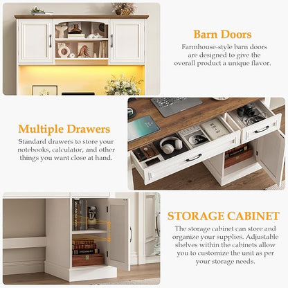 Farmhouse 47" Executive Desk with Hutch, 2 Drawers and LED Light, Computer Desk with Storage Cabinet and Charging Station,Workstation for Home Office and Study.Unique White