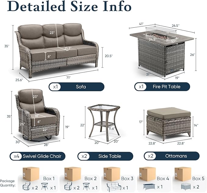 Belord Luxury 6" Thick Cushioned 10 Pieces Patio Furniture Set with Fire Pit Table, Wicker Outdoor Conversation Set with High Back Swivel Rocker Chairs for Deck Porch Yard and Poolside - Grey+Grey