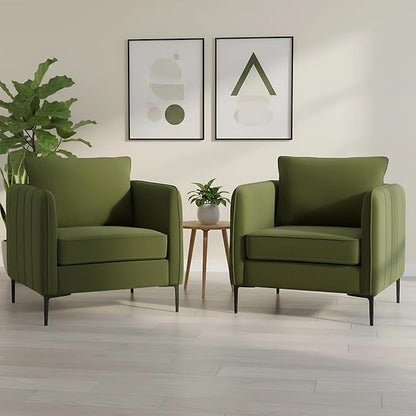 Velvet Accent Chairs Set of 2, Comfy Upholstered Single Sofa Chair Mid-Century Modern Armchair with Thick Cushion and Wood Frame Side Chair for Living Room Bedroom Apartment (Green)