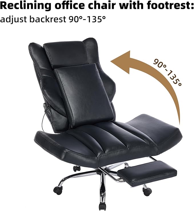 DYHOME Black Leather Office Chair with Massage and Footrest, Heavy Duty Task Desk Chairs Swivel Ergonomic Computer Gaming Chairs with Lumbar Support, Wheels Flip-up Arms Adjustable Height