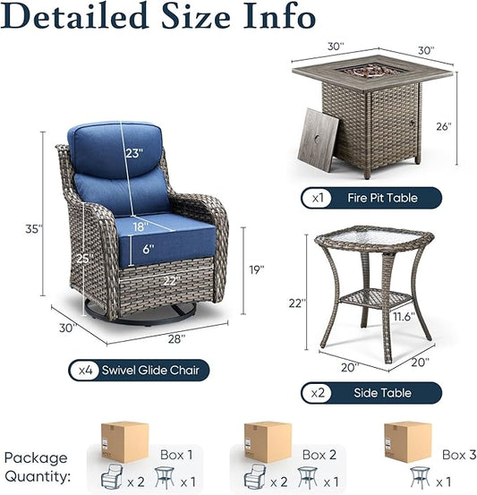 Belord Luxury 6" Thick Cushioned Outdoor Swivel Rocker Chairs Set of 4 with Fire Pit Table, High Back Wicker Patio Furniture Set with Ergonomic Zone Back, Conversation Set for Deck Porch - Grey+Blue