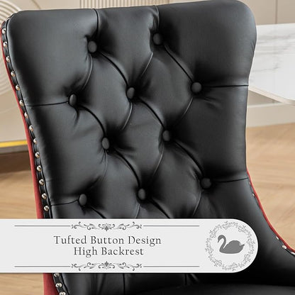 Leather Upholstered Dining Chairs Set of 8, Modern Style Kitchen Side Chairs with Nailhead Trim and Wood Leg, Metal Pulling Ring for Dining Room Living Room(Black&Wine Red)
