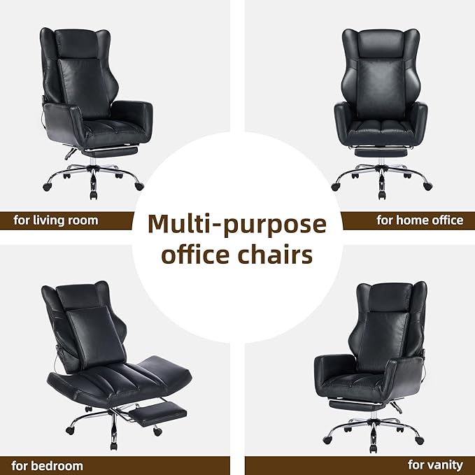 DYHOME Black Leather Office Chair with Massage and Footrest, Heavy Duty Task Desk Chairs Swivel Ergonomic Computer Gaming Chairs with Lumbar Support, Wheels Flip-up Arms Adjustable Height