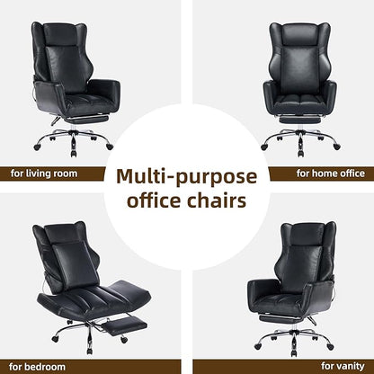 DYHOME Black Leather Office Chair with Massage and Footrest, Heavy Duty Task Desk Chairs Swivel Ergonomic Computer Gaming Chairs with Lumbar Support, Wheels Flip-up Arms Adjustable Height