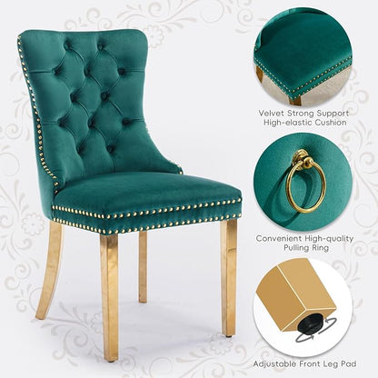Velvet Upholstered Dining Chairs Set of 2, Modern Style Kitchen Side Chairs with Nailhead Trim and Gold Plated Leg, Metal Pulling Ring for Dining Room Living Room(Green,Set of 2)