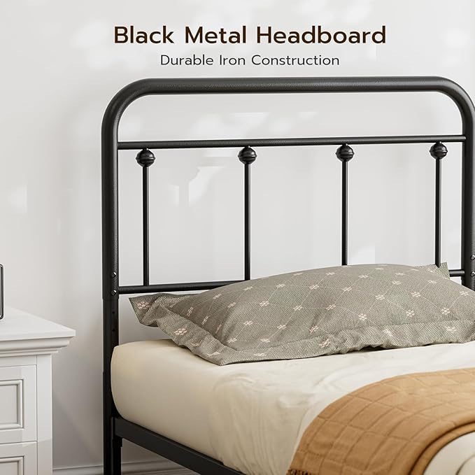 Black Metal Twin Size Headboard, Farmhouse and Vintage Style Dorm Headboards Only, Adjustable Height, Spindle Detail and Elegant Curves Design