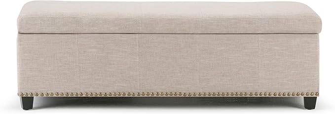 SIMPLIHOME Kingsley 48 inch Wide Transitional Rectangle Large Storage Ottoman in Natural Linen Look Fabric, Assembled, For the Living Room, Entryway and Family Room