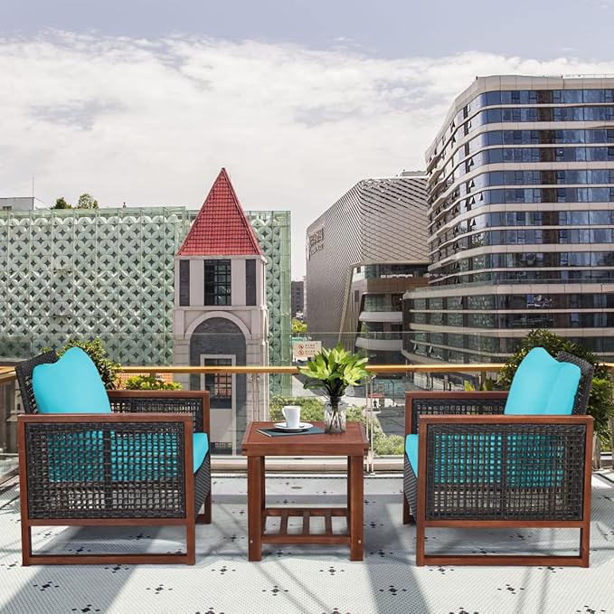 COSTWAY 3 Pieces Wicker Patio Furniture Set, Outdoor Wicker Sofa with Acacia Wood Frame, Coffee Table & Washable Cushions, Rattan Conversation Sets for Yard, Porch, Bistro Balcony Backyard, Turquoise