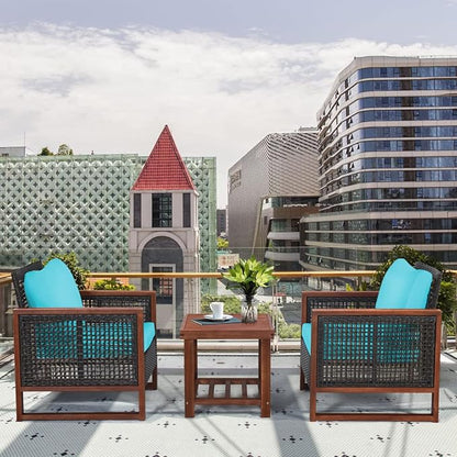 COSTWAY 3 Pieces Wicker Patio Furniture Set, Outdoor Wicker Sofa with Acacia Wood Frame, Coffee Table & Washable Cushions, Rattan Conversation Sets for Yard, Porch, Bistro Balcony Backyard, Turquoise