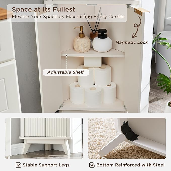 RedLemon 68" Tall Corner Cabinet, Modern Fluted Storage Cabinet with Faux Marble Top & Adjustable Shelves, Curved Profile Design, Space Saver for Bathroom, Living Room, Kitchen, Off White