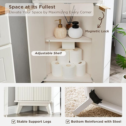 RedLemon 68" Tall Corner Cabinet, Modern Fluted Storage Cabinet with Faux Marble Top & Adjustable Shelves, Curved Profile Design, Space Saver for Bathroom, Living Room, Kitchen, Off White