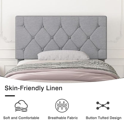 VECELO Twin Bed Frame with Button Tufted Headboard, Upholstered Platform with Wooden Slat Support, No Box Spring Needed, Linen Grey