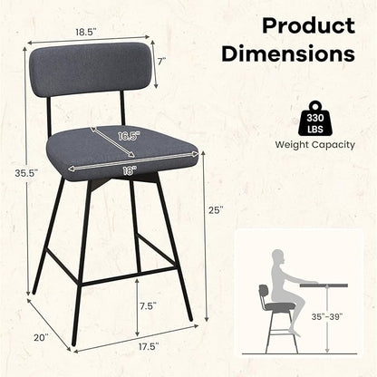 COSTWAY Bar Stools Set of 2, 25” Upholstered Counter Height Bar Stools with Back, 360° Swivel Dining Chairs with Heavy-Duty Metal Legs and Footrests, for Kitchen Island, Dining Room, Bar (2, Grey)