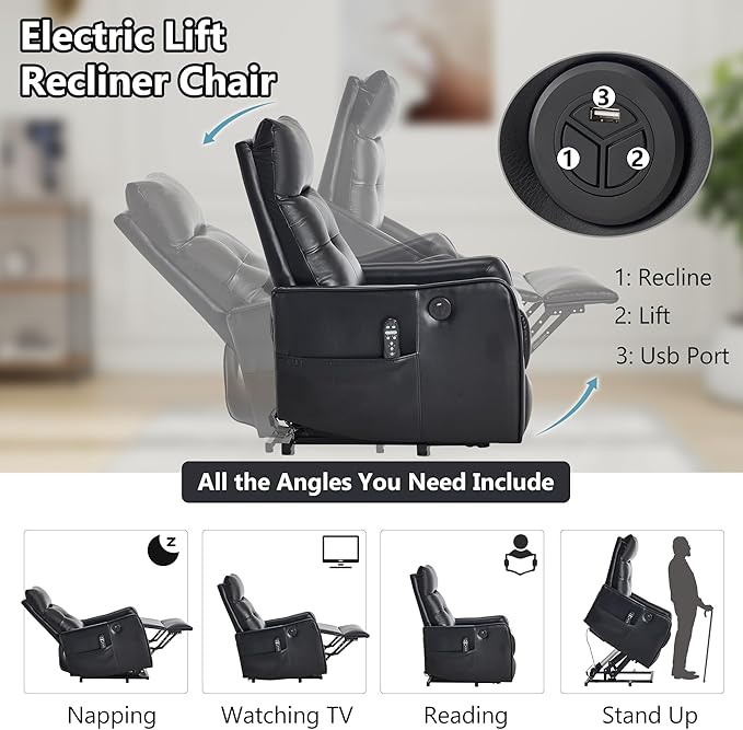 PELUMY Manual Lift Recliner Chair with Massage and Heat for Elderly, Single Motor Electric Lift Chair, Heavy Duty Recliner with USB Charging & Side Pockets (Breathable Leather, Black)