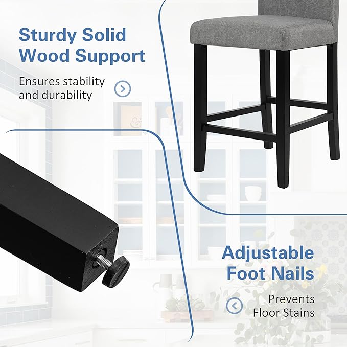 LSSPAID Bar Stools Set of 2, 24.8 Inch Upholstered Fabric Counter Height Stools, Modern Kitchen Island Wood Bar Chairs Barstools with Backrest and Solid Wood Legs, Grey