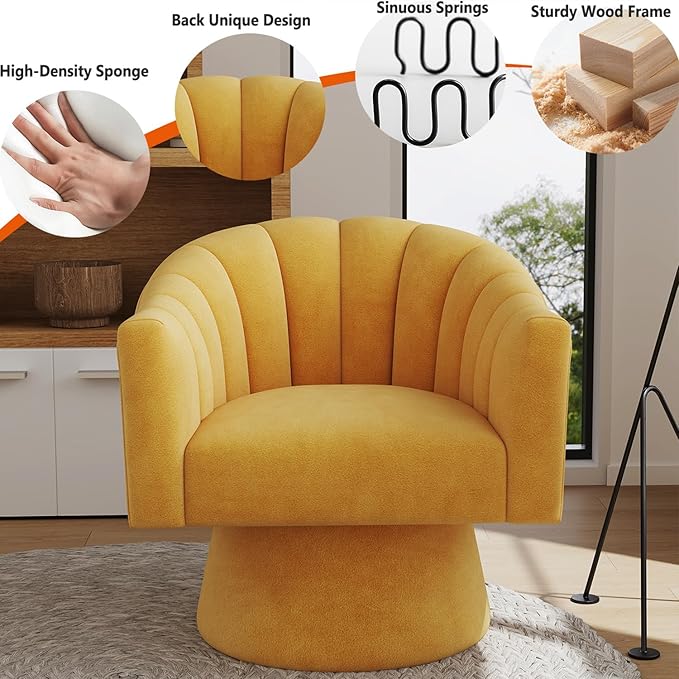 Swivel Accent Chair Set of 2, Upholstered Velvet 360° Swivel Barrel Chair for Living Room Overstuffed Bouncle Reading Chair Round Armchair for Bedroom,Vanity,Office (Mustard)
