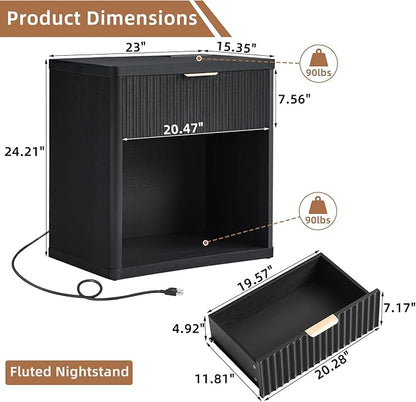 LEYAOYAO Fluted Farmhouse Nightstand Set of 2 with Charging Station, 23" Wide 1 Drawers End Table,Black Dresser for Bedroom,Bed Side Table Chest of Drawers Cabinet,Wood Night Stand for Living Room