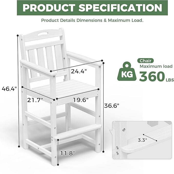 HDPE Outdoor Patio Tall Bar Chair, All-Weather Bar Height Balcony Adirondack Stools for Bistro, Garden, Backyard, Deck | White