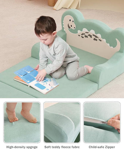 YACODAVO 2-in-1 Kids Couch Fold Out, Convertible Toddler Couch to Lounger, Toddler Chair Comfy, Kids Sofa for Girls and Boys, Gift for Birthday, Children's Day, Dinosaur Green